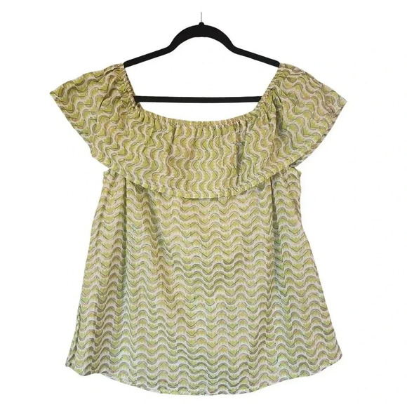 New Oliphant 100% Cotton Blouse Size Large Green Gold Off Shoulder Ruffled - Picture 1 of 7